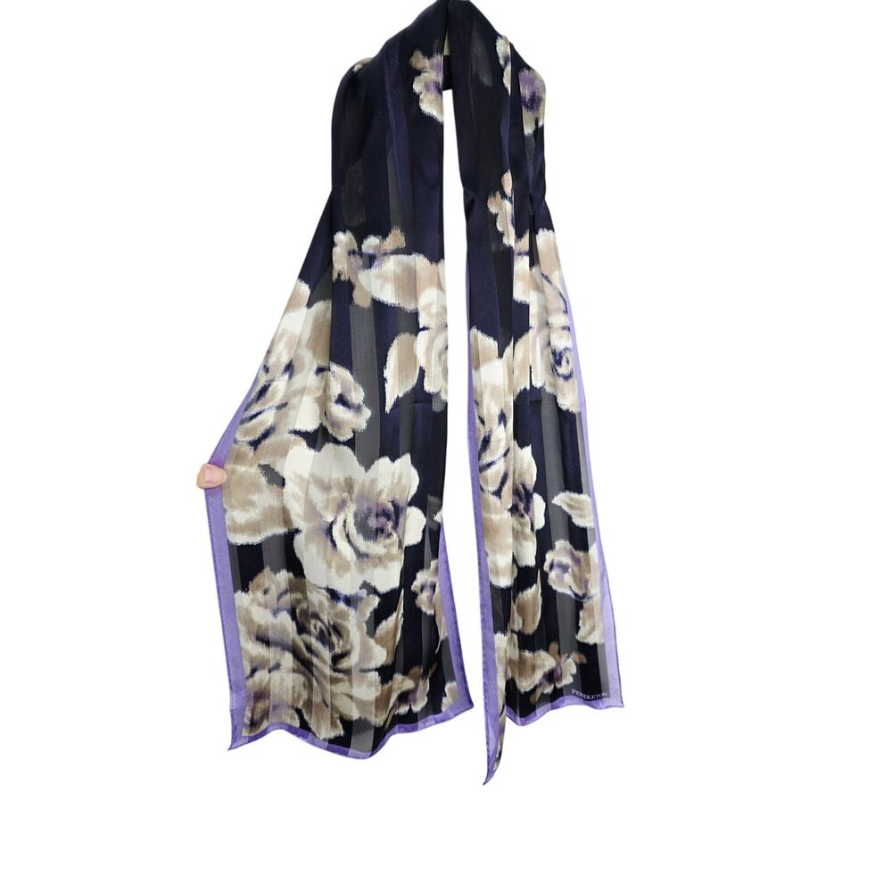 Pendleton Women's Navy Blue & Purple Floral Striped 100% Silk Scarf 52" x 10.5"